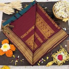 Vriksham Teal With Maroon Border-Kalyani Cotton Saree-VS4569