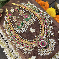 Vriksham Designer Peacock With Maanga Style Kundan Jadau Guttapusalu Neckpiece-Rice Pearl-J3370