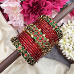 Vriksham Red Glass Bangle & Emerald Green & Red Kundan Floral Bridal Silk Thread Bangle Set-G19864