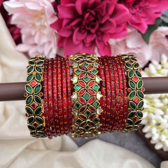 Vriksham Red Glass Bangle & Emerald Green & Red Kundan Floral Bridal Silk Thread Bangle Set-G19864