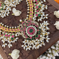 Vriksham Designer Peacock With Maanga Style Kundan Jadau Guttapusalu Neckpiece-Rice Pearl-J3370