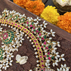 Vriksham Designer Peacock With Maanga Style Kundan Jadau Guttapusalu Neckpiece-Rice Pearl-J3370