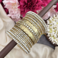 Vriksham Elegant White Glass Bangle & Gold Mirror Work Bridal Bangles Silk Thread Bangle Set-G19866
