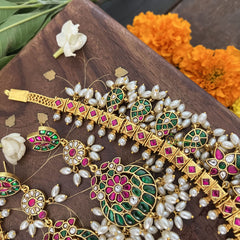 Vriksham Designer Peacock With Maanga Style Kundan Jadau Guttapusalu Neckpiece-Rice Pearl-J3370