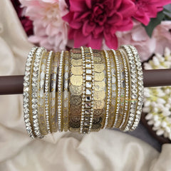 Vriksham Elegant White Glass Bangle & Gold Mirror Work Bridal Bangles Silk Thread Bangle Set-G19866