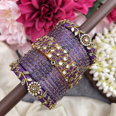 Vriksham Purple Glass Bangle & White & Purple Kundan Work Bridal Bangles Silk Thread Bangle Set-G19867