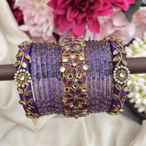 Vriksham Purple Glass Bangle & White & Purple Kundan Work Bridal Bangles Silk Thread Bangle Set-G19867