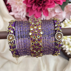 Vriksham Purple Glass Bangle & White & Purple Kundan Work Bridal Bangles Silk Thread Bangle Set-G19867