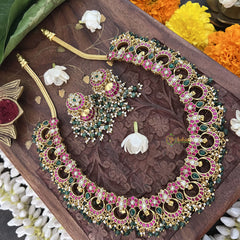 Vriksham Elegant 17 Half Moon With Floral Style Neckpiece-Green Bead-J3342