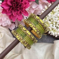 Vriksham Parrot Green Glass Bangle & Lotus Style Silk Thread Bangle Set-G19869