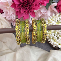 Vriksham Parrot Green Glass Bangle & Lotus Style Silk Thread Bangle Set-G19869
