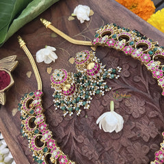 Vriksham Elegant 17 Half Moon With Floral Style Neckpiece-Green Bead-J3342