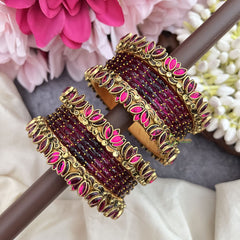 Vriksham Wine Color Glass Bangle & Lotus Style Silk Thread Bangle Set-G19870