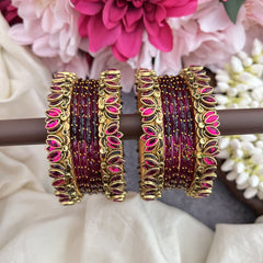 Vriksham Wine Color Glass Bangle & Lotus Style Silk Thread Bangle Set-G19870