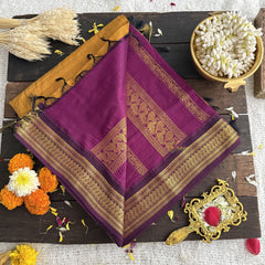 Vriksham Golden Yellow With Dark Purple Border-Kalyani Cotton Saree-VS4599