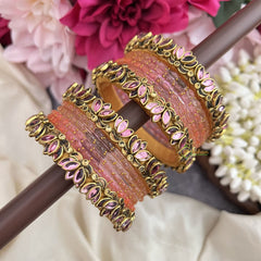 Vriksham Orange Color Glass Bangle & Light Pink Lotus Style Silk Thread Bangle Set-G19871