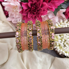 Vriksham Orange Color Glass Bangle & Light Pink Lotus Style Silk Thread Bangle Set-G19871