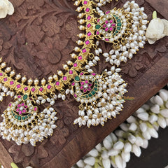 Vriksham 5 Peacock With Floral Style Short Guttapusalu Neckpiece-Rice Pearl-J3344