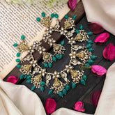 Gold Alike Lakshmi Victorian Diamond Short Neckpiece -Green Beads-VV1468