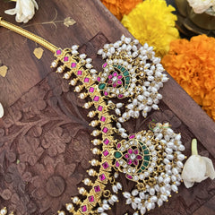 Vriksham 5 Peacock With Floral Style Short Guttapusalu Neckpiece-Rice Pearl-J3344