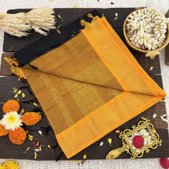 Vriksham Black With Yellow Border-Kalyani Cotton Saree-VS4551
