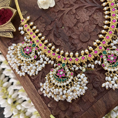 Vriksham 5 Peacock With Floral Style Short Guttapusalu Neckpiece-Rice Pearl-J3344