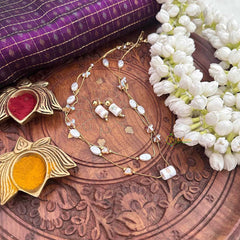 Vriksham Multi-Strand Iridescent Glass Pearl & Gold Chain Short Neckpiece-G22351