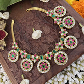 Vriksham 7 Chakri Style Kundan Jadau Short Neckpiece-Green Red White-J3352