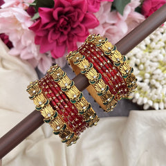 Vriksham Red With Lakshmi & Kundan Floral Style Silk Thread Bangle Set-G19874