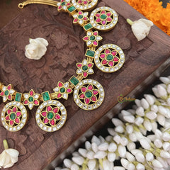 Vriksham 7 Chakri Style Kundan Jadau Short Neckpiece-Green Red White-J3352