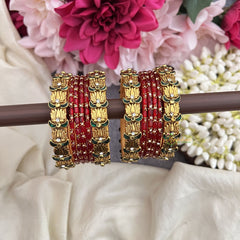 Vriksham Red With Lakshmi & Kundan Floral Style Silk Thread Bangle Set-G19874