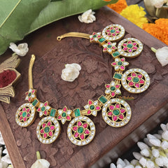 Vriksham 7 Chakri Style Kundan Jadau Short Neckpiece-Green Red White-J3352