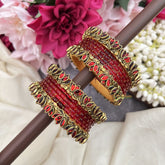 Vriksham Red With Kundan Lotus Floral Work Silk Thread Bangle Set-G19974