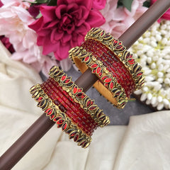 Vriksham Red With Kundan Lotus Floral Work Silk Thread Bangle Set-G19974