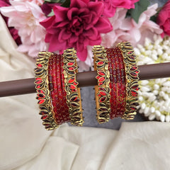 Vriksham Red With Kundan Lotus Floral Work Silk Thread Bangle Set-G19974
