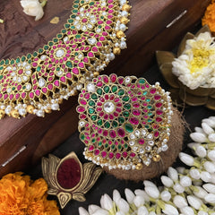 Vriksham Floral Style Pendant Peacock Kundan Jadau Short Neckpiece-Gold Bead-J3383