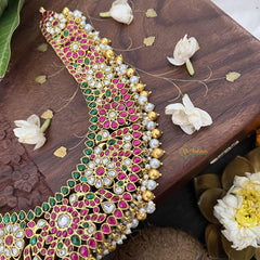 Vriksham Floral Style Pendant Peacock Kundan Jadau Short Neckpiece-Gold Bead-J3383