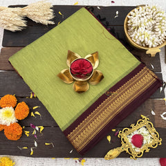 Vriksham Lemon Green With Dark Maroon Border-Kalyani Cotton Saree-VS4598