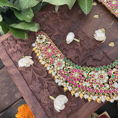 Vriksham Floral Style Pendant Peacock Kundan Jadau Short Neckpiece-Gold Bead-J3383