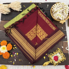 Vriksham Lemon Green With Dark Maroon Border-Kalyani Cotton Saree-VS4598