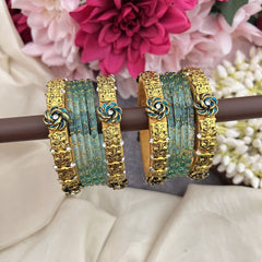 Vriksham Aqua Blue With Ganesh & Kundan Floral Style Silk Thread Bangle Set-G19875