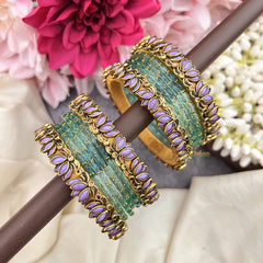 Vriksham Aqua Blue With Lotus & Kundan Floral Style Silk Thread Bangle Set-G19876