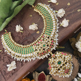 Vriksham Green Dot With Floral Pendant Style Short Neckpiece-Rice Pearl-J3345