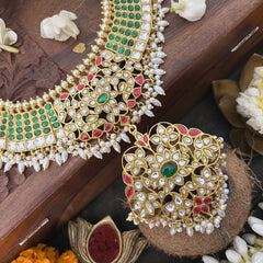 Vriksham Green Dot With Floral Pendant Style Short Neckpiece-Rice Pearl-J3345