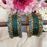 Vriksham Royal Peacock Blue With Blue Lotus & Kundan Floral Style Silk Thread Bangle Set-G19878