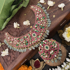 Vriksham Elegant Pendant Floral Style Neckpiece-Aqua Green Bead-J3340