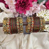 Vriksham Red Green With Lakshmi & Kundan Floral Style Silk Thread Bangle Set-G19880