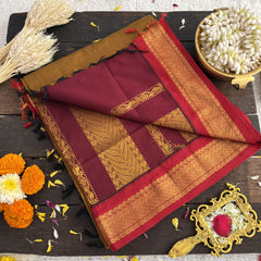 Vriksham Golden With Red Border-Kalyani Cotton Saree-VS4587