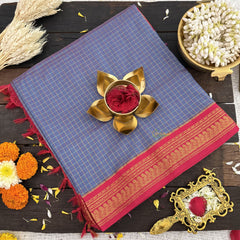 Vriksham Light Blue With Pink Border-Vairaoosi Podi Kattam-Kalyani Cotton Saree-VS4588