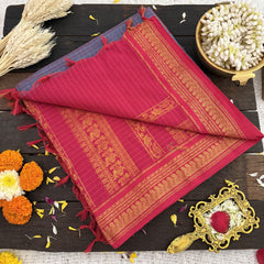 Vriksham Light Blue With Pink Border-Vairaoosi Podi Kattam-Kalyani Cotton Saree-VS4588